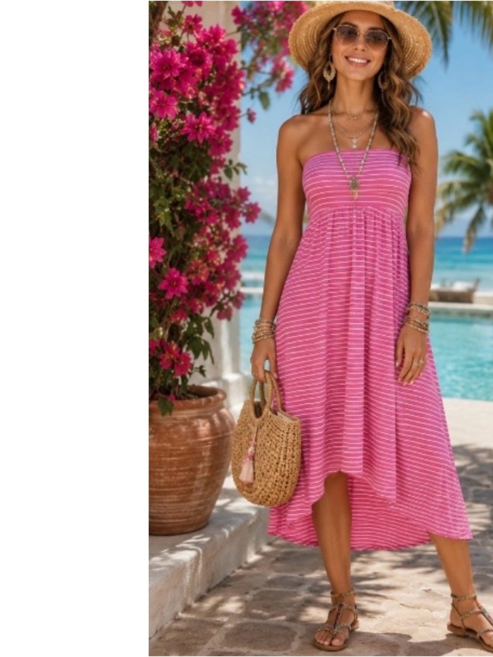 Pink Striped Strapless High-Low Maxi Beach Dress Medium